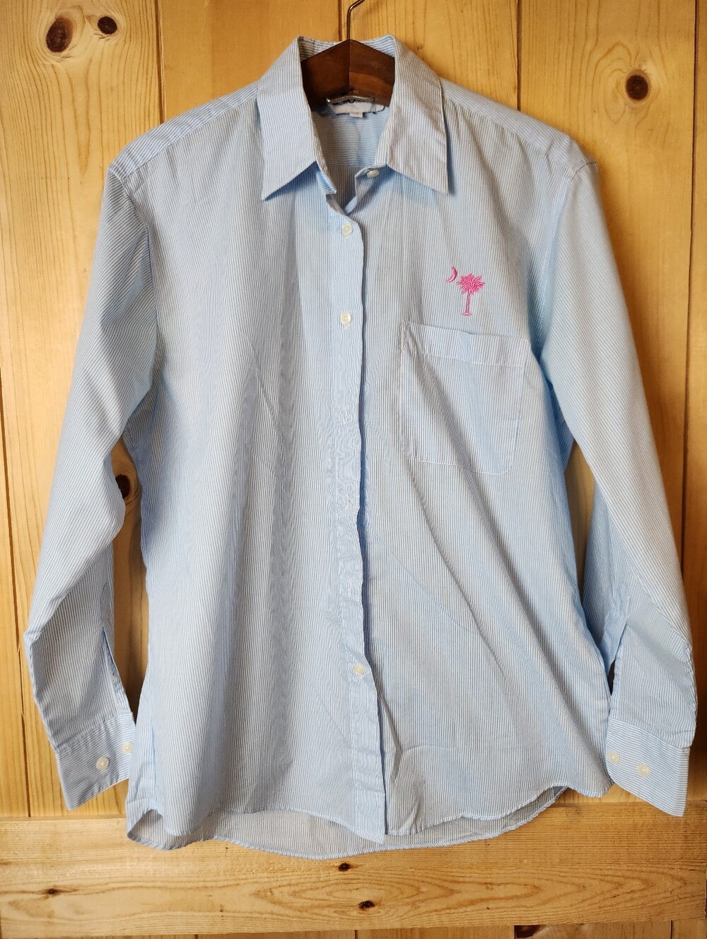Las Olas Blue/White Seersucker Pinstriped Button-Down LS Embroidered Shirt
